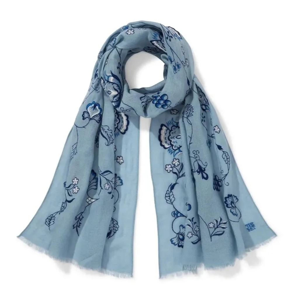MET "American Vines" Embroided Floral Blue Scarf